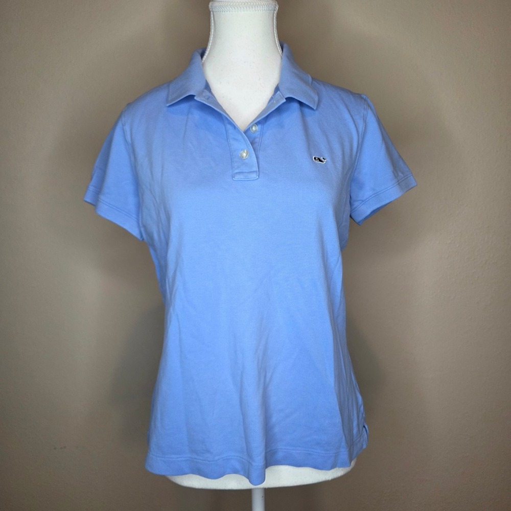 Vineyard Vines Womens Light Blue Short Sleeve Pique Polo Shirt Size M Whale Logo